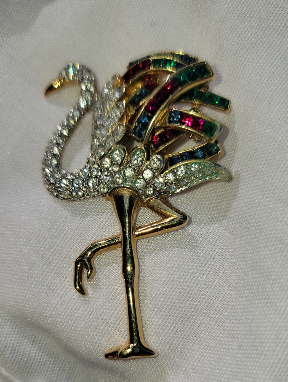 Carolee Gold Flamingo/ Swan Brooch with Clear, Green, Blue and Pink Accents